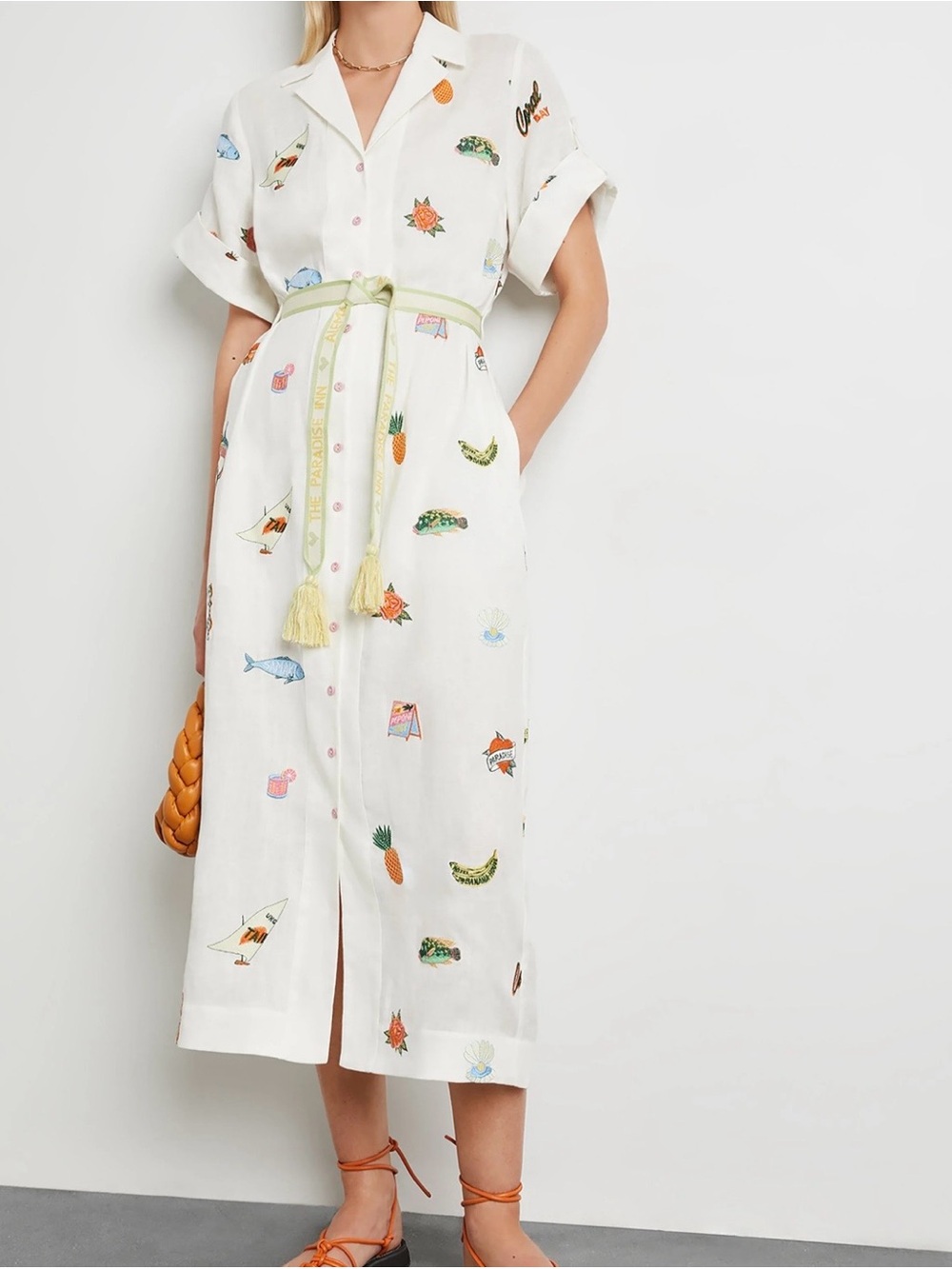 Alemais White Tropically  Embroidered Button-Front Midi Linen Shirt Dress